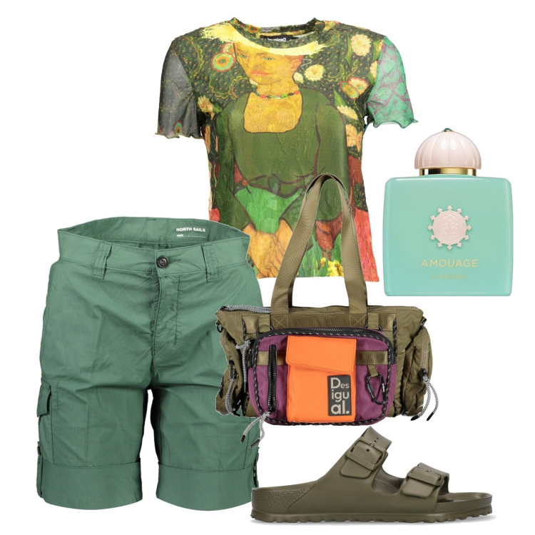Outfit donna - Passeggiata con foto. Stile Casual per Tutti i giorni. Abbinamento con profumi, t-shirt, sandali, bermuda, borse a spalla.