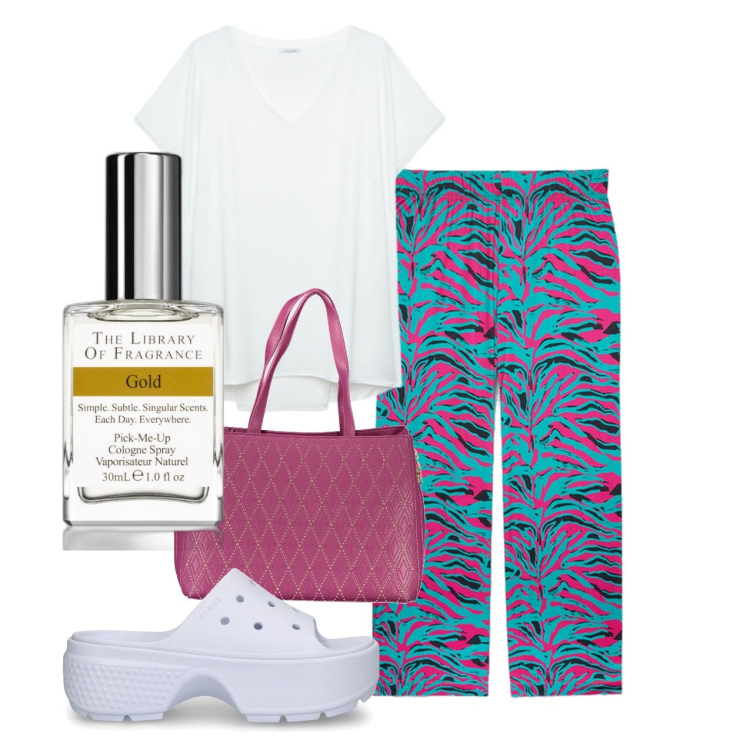 Outfit donna - A colori. Stile Basic per Tutti i giorni. Abbinamento con profumi, t-shirt, pantaloni, ciabatte, borse a spalla.