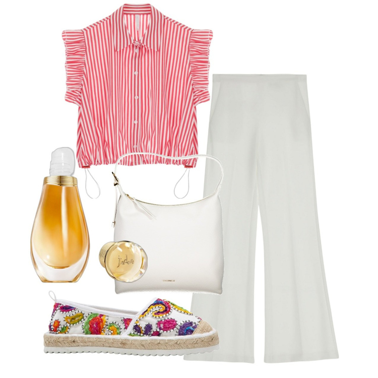 Outfit donna - Rouches. Stile Bon Ton per Tutti i giorni. Abbinamento con espadrillas, profumi, pantaloni, camicie a manica corta, borse a spalla.