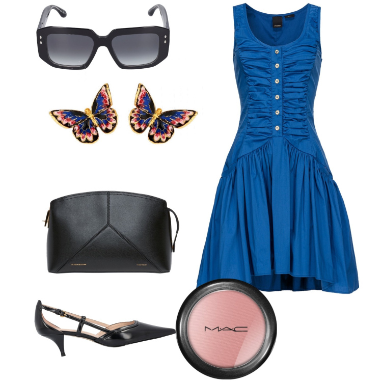 Outfit donna - Semplicemente chic. Stile Chic per Serata fuori. Abbinamento con orecchini, blush, vestiti corti, décolleté, clutch, occhiali da sole.