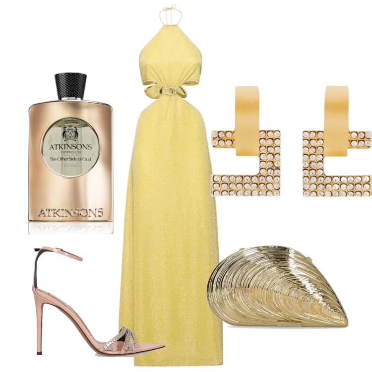Outfit donna - Dorata. Stile Glamour per Cerimonia. Abbinamento con orecchini, profumi, pochette, vestiti, sandali col tacco.