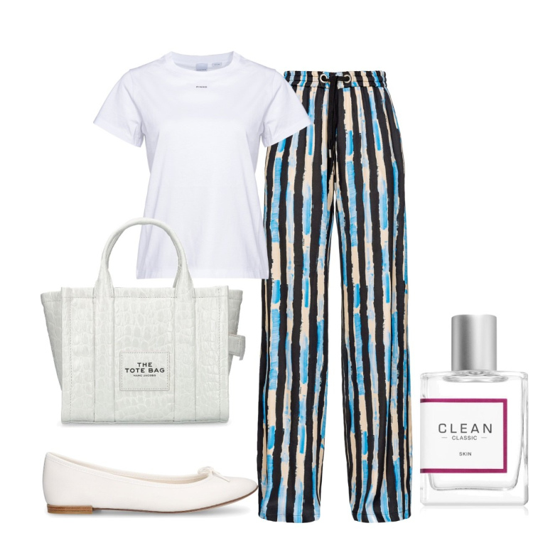 Outfit donna - Bianco. Stile Bon Ton per Tutti i giorni. Abbinamento con profumi, t-shirt, pantaloni, shopping bag, ballerine.