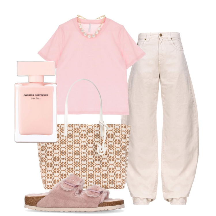 Outfit donna - Rosa. Stile Basic per Tutti i giorni. Abbinamento con profumi, jeans, shopping bag, t-shirt, sandali.