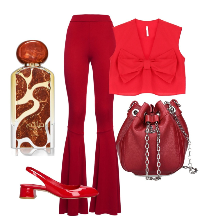 Outfit donna - Red passion. Stile Chic per Tutti i giorni. Abbinamento con profumi, top, pantaloni, décolleté, borse a mano.