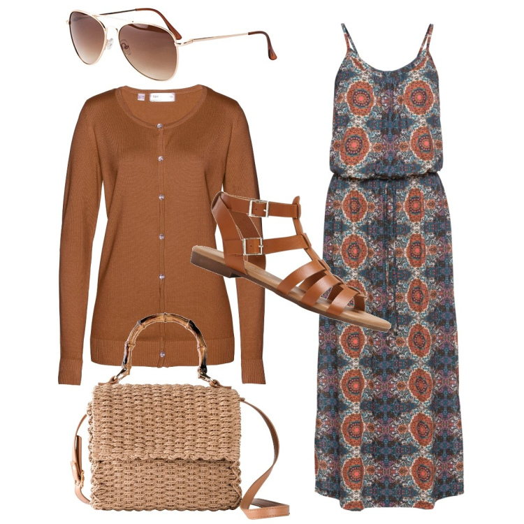 Outfit donna - Color Terra. Stile Casual per Tutti i giorni. Abbinamento con vestiti lunghi, occhiali da sole, cardigans, sandali, borse a mano.