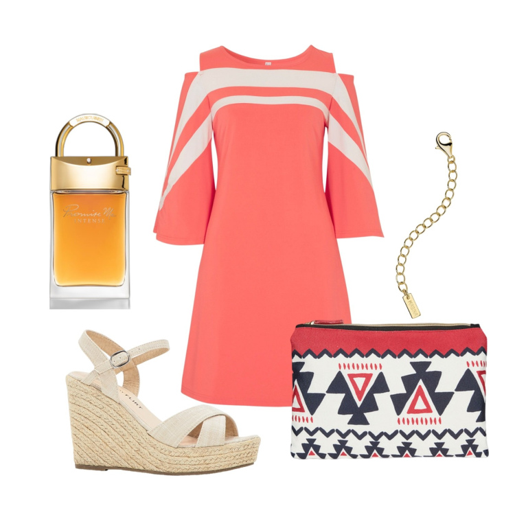 Outfit donna - Arancione stiloso. Stile Trendy per Tutti i giorni. Abbinamento con vestiti, sandali, profumi, collane, pochette.