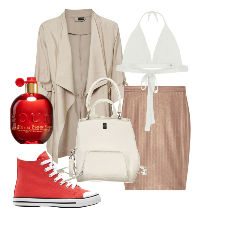 Outfit donna - Sneaker rosse. Stile Casual chic per Tutti i giorni. Abbinamento con sneakers alte, blazer, profumi, top, zaini, gonne.