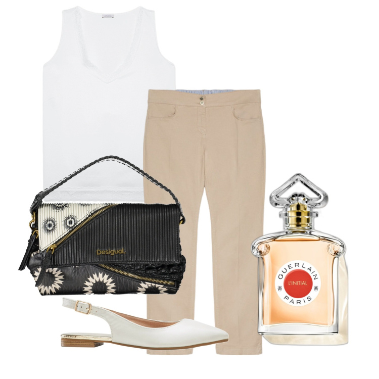 Outfit donna - A piedi in centro. Stile Bon Ton per Tutti i giorni. Abbinamento con ballerine, profumi, borse a spalla, top, pantaloni.