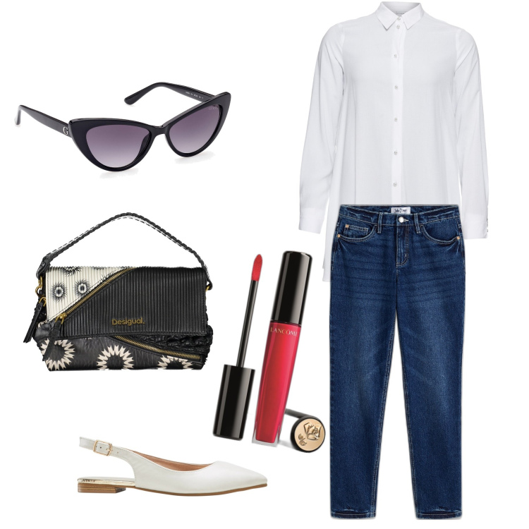 Outfit donna - Pranzo al ristorante. Stile Casual chic per Tutti i giorni. Abbinamento con camicie, jeans boyfriend, ballerine, gloss, borse a spalla, occhiali da sole.