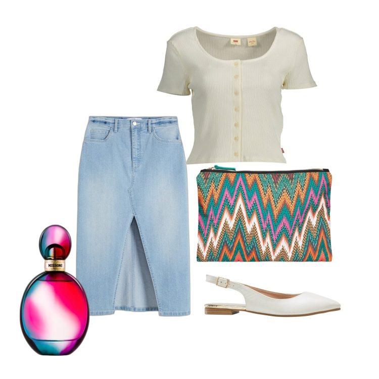 Outfit donna - La gonna jeans. Stile Casual per Tutti i giorni. Abbinamento con ballerine, gonne longuette, profumi, pochette, t-shirt.