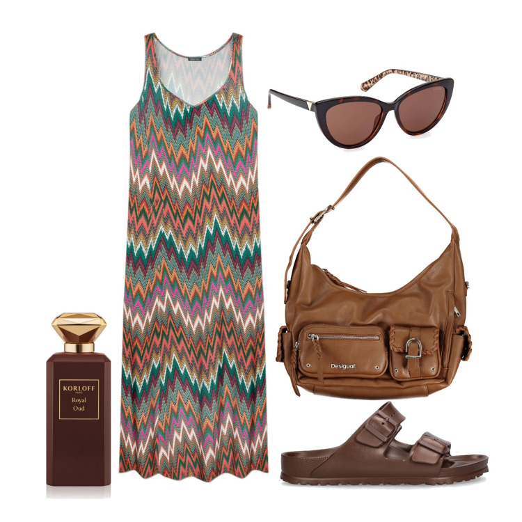 Outfit donna - Uscire al volo. Stile Boho per Tutti i giorni. Abbinamento con profumi, vestiti lunghi, sandali, borse a spalla, occhiali da sole.