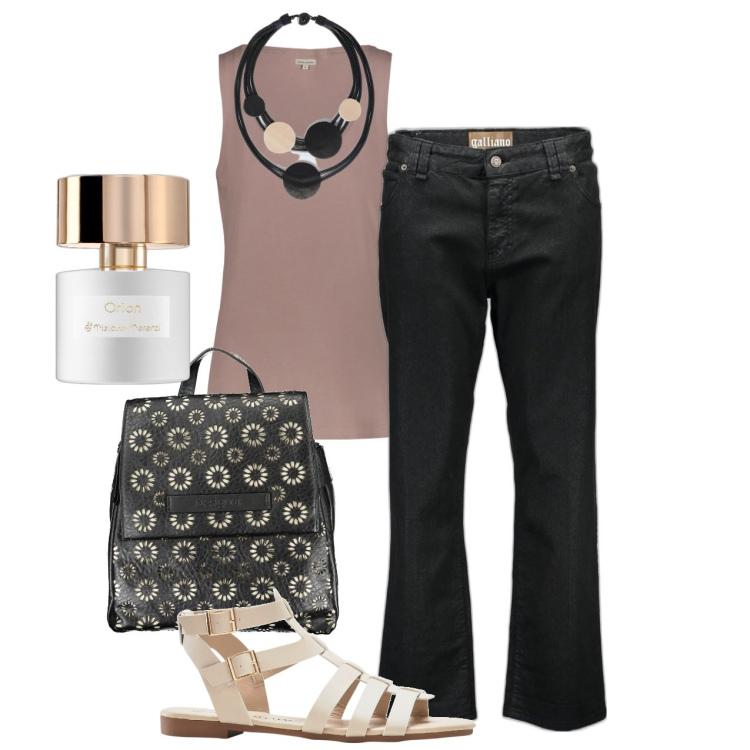 Outfit donna - In tutta calma. Stile Urban per Tutti i giorni. Abbinamento con sandali, profumi, canottiere, pantaloni capri, zaini, collane.