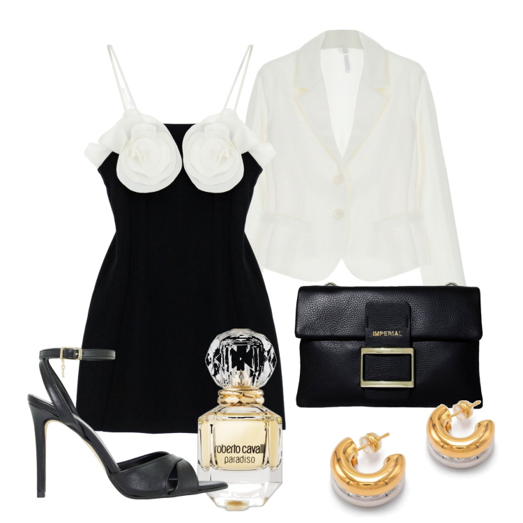 Outfit donna - Il vestito con le rose. Stile Glamour per Cerimonia. Abbinamento con orecchini, profumi, vestiti corti, pochette, décolleté, blazer.