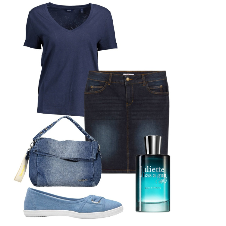 Outfit donna - Bon ton blu. Stile Bon Ton per Tutti i giorni. Abbinamento con ballerine, gonne, profumi, t-shirt, borse a spalla.
