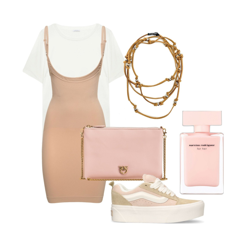 Outfit donna - Oggi in rosa. Stile Urban per Tutti i giorni. Abbinamento con collane, profumi, borse a tracolla, t-shirt, vestiti, sneakers.