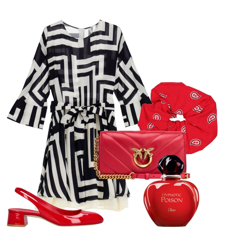 Outfit donna - C\'est Dior. Stile Chic per Cerimonia. Abbinamento con profumi, borse a tracolla, vestiti corti, décolleté, accessori per capelli.