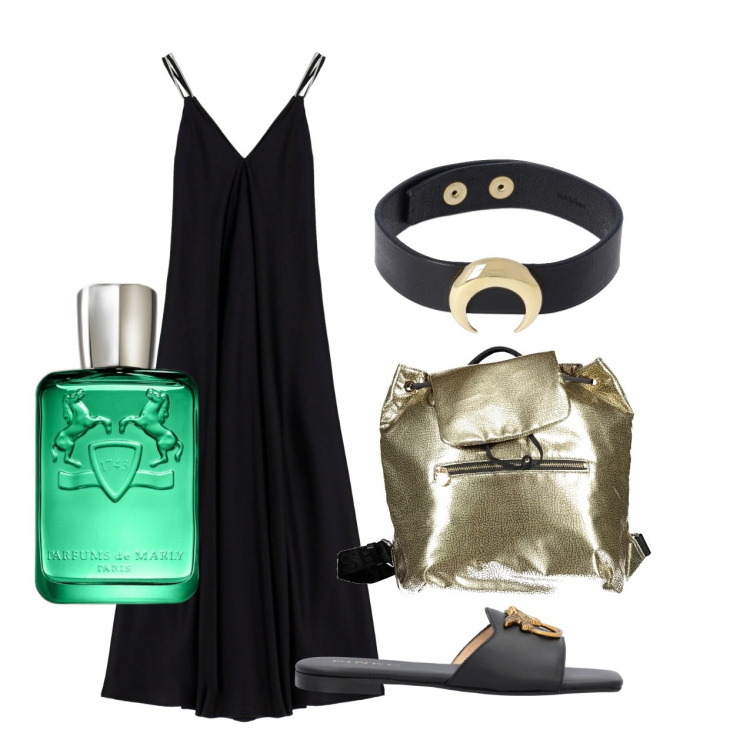 Outfit donna - In nero. Stile Urban per Tutti i giorni. Abbinamento con profumi, ciabatte, vestiti lunghi, zaini, collane.