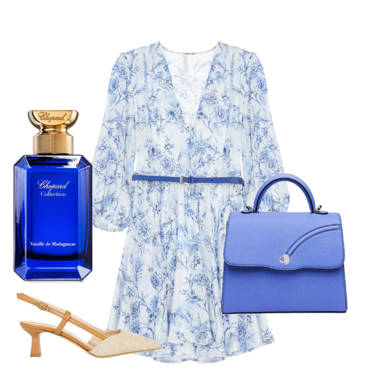 Outfit donna - Floreale. Stile Chic per Tutti i giorni. Abbinamento con profumi, vestiti corti, sandali col tacco, borse a mano.