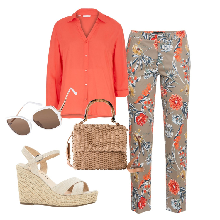 Outfit donna - Estiva. Stile Casual chic per Tutti i giorni. Abbinamento con pantaloni, camicie, borse a mano, sandali, occhiali da sole.