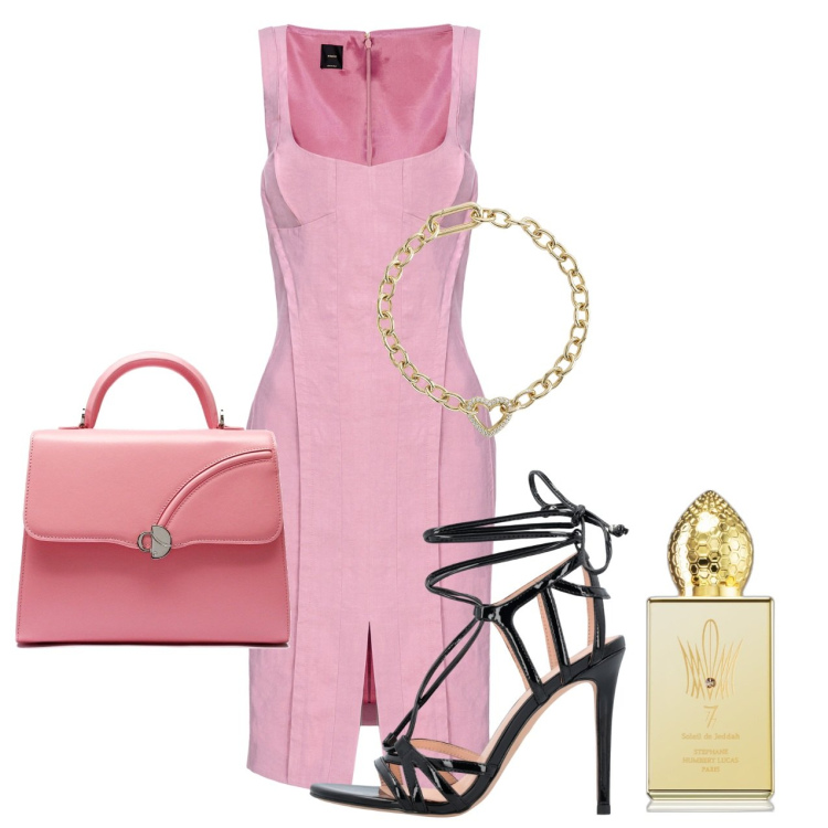Outfit donna - Preziosa. Stile Chic per Tutti i giorni. Abbinamento con profumi, braccialetti, vestiti midi/longuette, sandali in pelle, borse a mano.