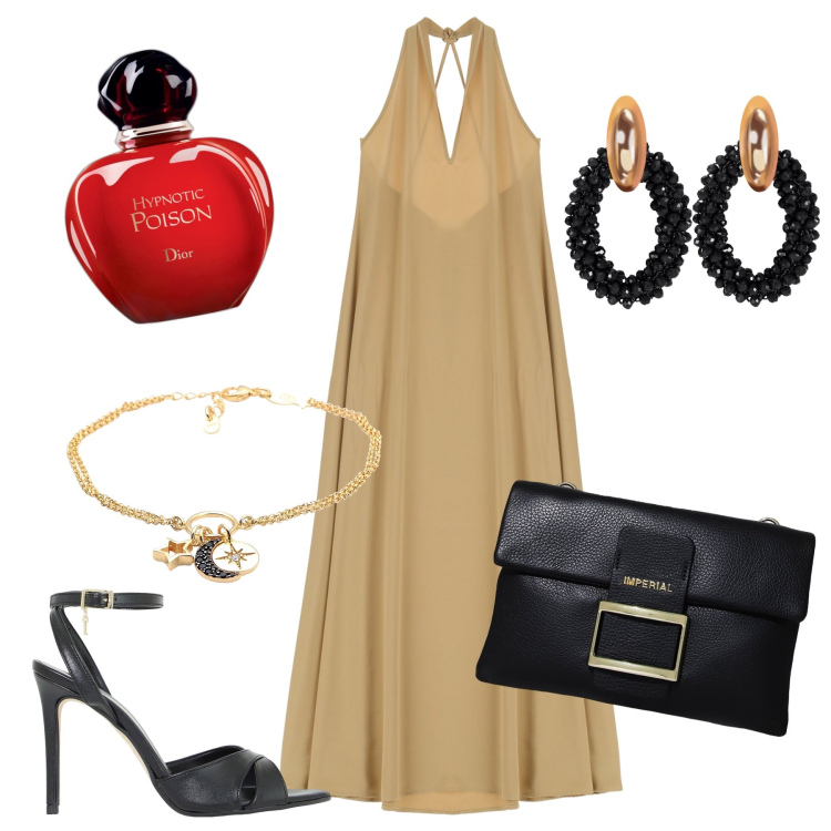 Outfit donna - Abito lungo. Stile Glamour per Cerimonia. Abbinamento con braccialetti, orecchini, profumi, vestiti lunghi, décolleté, pochette.