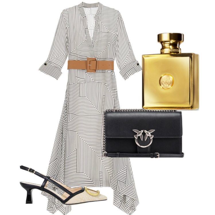 Outfit donna - Geometrie. Stile Chic per Tutti i giorni. Abbinamento con profumi, borse a tracolla, vestiti asimmetrici, sandali in pelle.