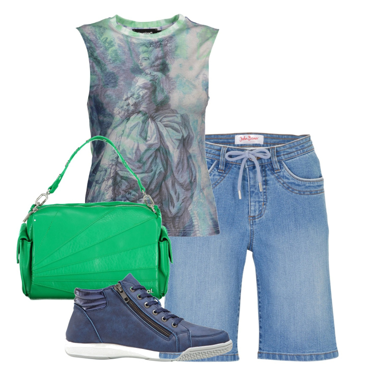 Outfit donna - Chi ha una vita. Stile Basic per Tutti i giorni. Abbinamento con bermuda, sneakers alte, canottiere, borse a spalla.