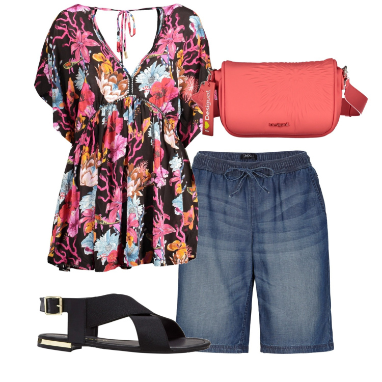 Outfit donna - Chi ha una vita. Stile Romantica per Tutti i giorni. Abbinamento con bermuda, sandali, vestiti corti, borse a spalla.