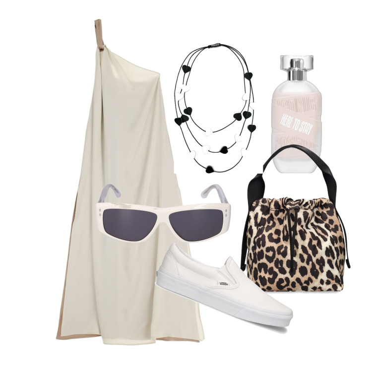Outfit donna - Monospalla rivisitato. Stile Trendy per Tutti i giorni. Abbinamento con collane, vestiti lunghi, profumi, occhiali da sole, sneakers, borse a mano.