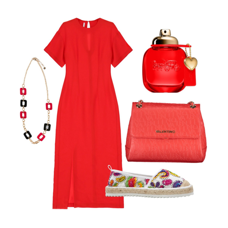 Outfit donna - Emozioni in rosso. Stile Basic per Tutti i giorni. Abbinamento con espadrillas, profumi, vestiti lunghi, ciondoli, borse a spalla.