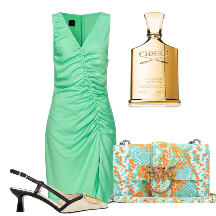 Outfit donna - Miss. Stile Chic per Tutti i giorni. Abbinamento con profumi, vestiti asimmetrici, borse a spalla, sandali in pelle.