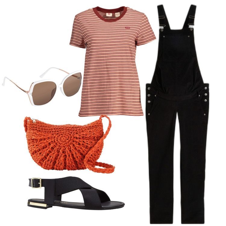 Outfit donna - Chi ha una vita. Stile Urban per Tutti i giorni. Abbinamento con sandali, salopette, borse a tracolla, occhiali da sole, t-shirt.