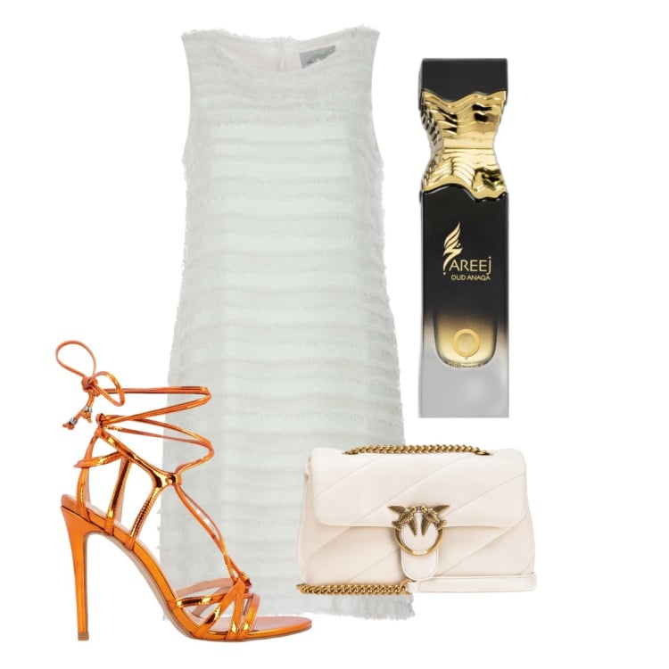 Outfit donna - In bianco latte. Stile Chic per Tutti i giorni. Abbinamento con profumi, borse a tracolla, sandali in pelle, vestiti.