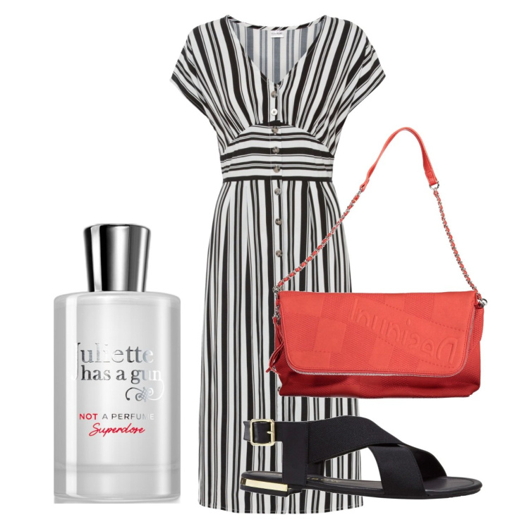 Outfit donna - July. Stile Bon Ton per Tutti i giorni. Abbinamento con vestiti, sandali, profumi, borse a mano.