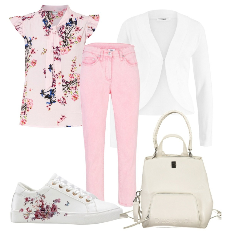Outfit donna - Guardaroba per la primavera. Stile Casual chic per Tutti i giorni. Abbinamento con bluse, pantaloni, sneakers, blazer, zaini.