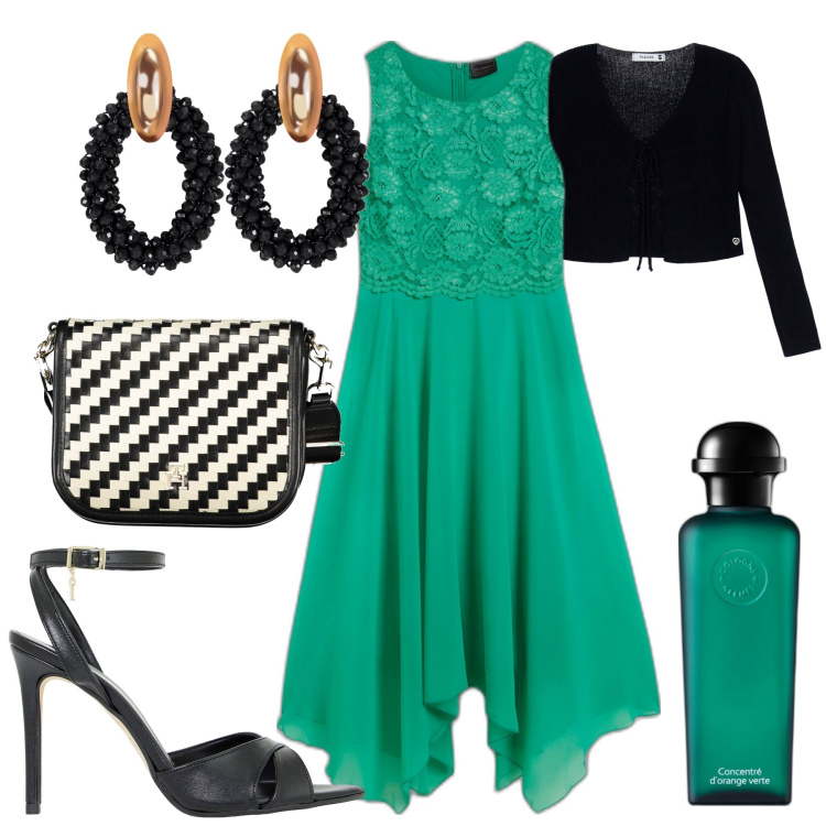 Outfit donna - City. Stile Trendy per Tutti i giorni. Abbinamento con vestiti midi/longuette, orecchini, profumi, cardigans, décolleté, borse a tracolla.