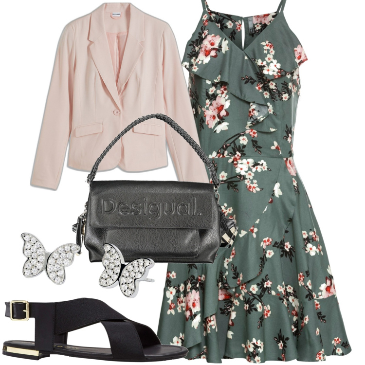 Outfit donna - City. Stile Romantica per Tutti i giorni. Abbinamento con vestiti, blazer, sandali, orecchini, borse a spalla.