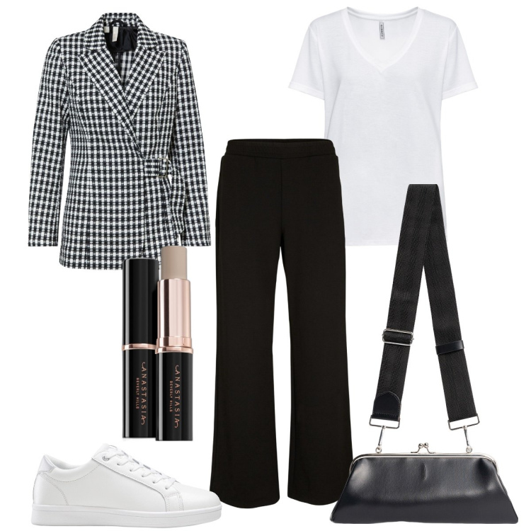 Outfit donna - Total look #1865519. Stile Sporty chic per Ufficio. Abbinamento con sneakers, t-shirt, pantaloni a palazzo, blazer, blush, clutch.