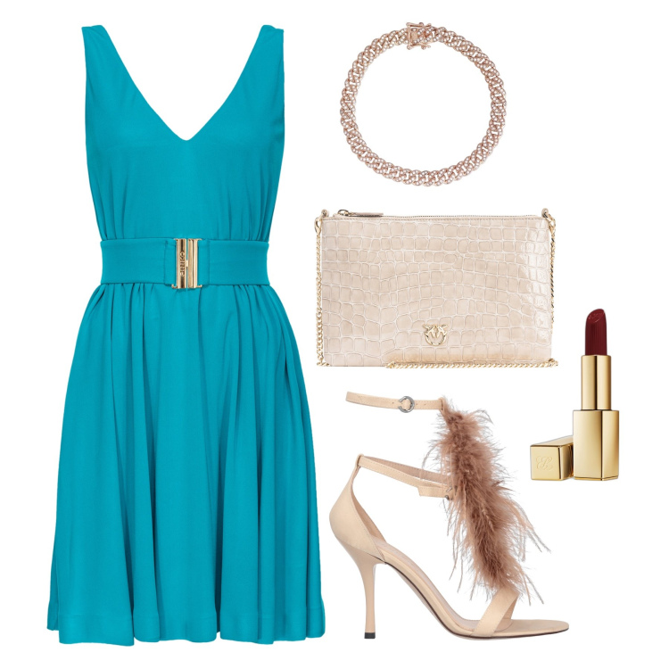 Outfit donna - Eleganza e sobrietà. Stile Chic per Cerimonia. Abbinamento con rossetti, braccialetti, sandali in pelle, vestiti corti, borse a tracolla.