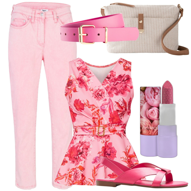 Outfit donna - Pinky. Stile Casual chic per Tutti i giorni. Abbinamento con borse a tracolla, cinture, pantaloni, maglieria, sandali, rossetti.