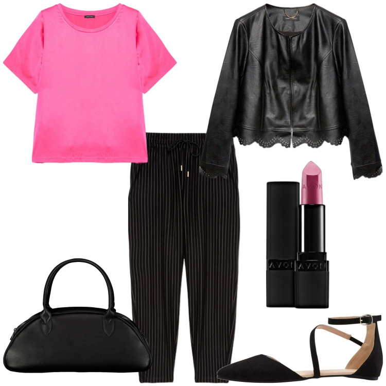 Outfit donna - Casual chic forme morbide. Stile Casual chic per Tutti i giorni. Abbinamento con ballerine, rossetti, pantaloni, blazer, bluse, borse a spalla.