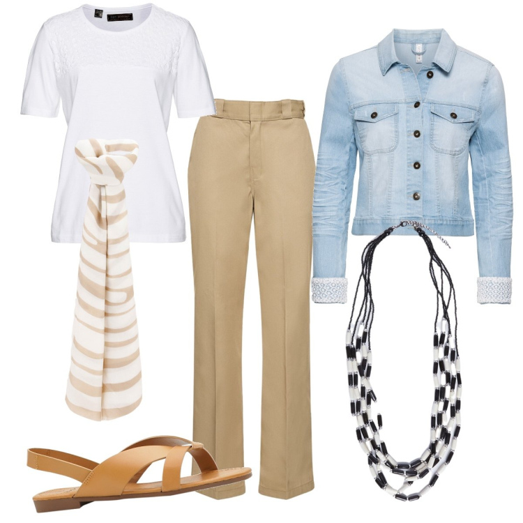 Outfit donna - Total look #1865528. Stile Casual chic per Tutti i giorni. Abbinamento con sandali, blazer, t-shirt, foulard, pantaloni, collane.