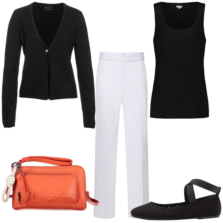 Outfit donna - I capi versatili. Stile Basic per Tutti i giorni. Abbinamento con ballerine, cardigans, pantaloni, borse a tracolla, canottiere.