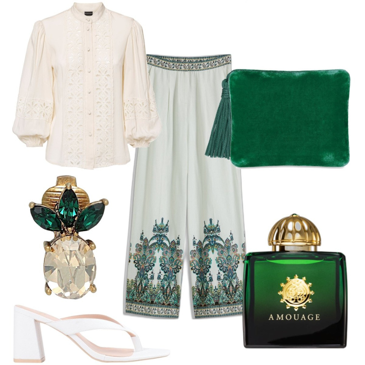 Outfit donna - Total look #1865535. Stile Etnico per Serata fuori. Abbinamento con camicie, pantaloni, orecchini, infradito, profumi, pochette.