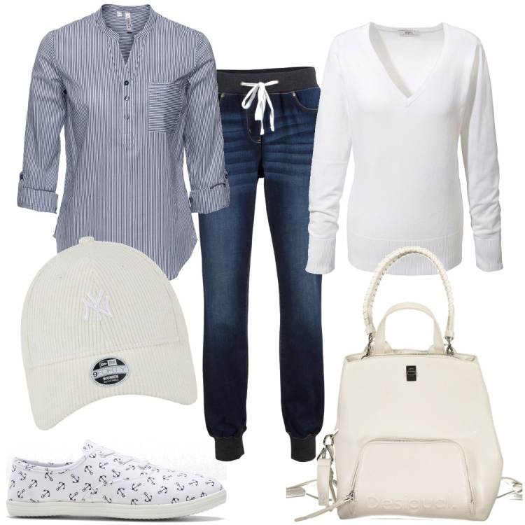 Outfit donna - Total look #1865543. Stile Basic per Tutti i giorni. Abbinamento con tuniche, jeans boyfriend, maglieria, sneakers, zaini, cappelli.