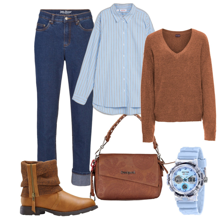 Outfit donna - Mattina fredda in primavera. Stile Urban per Tutti i giorni. Abbinamento con stivaletti, maglieria, camicie, jeans boyfriend, orologi, borse a spalla.