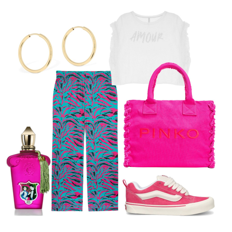 Outfit donna - Pomeriggio in città. Stile Basic per Tutti i giorni. Abbinamento con profumi, shopping bag, t-shirt, sneakers, pantaloni, orecchini.