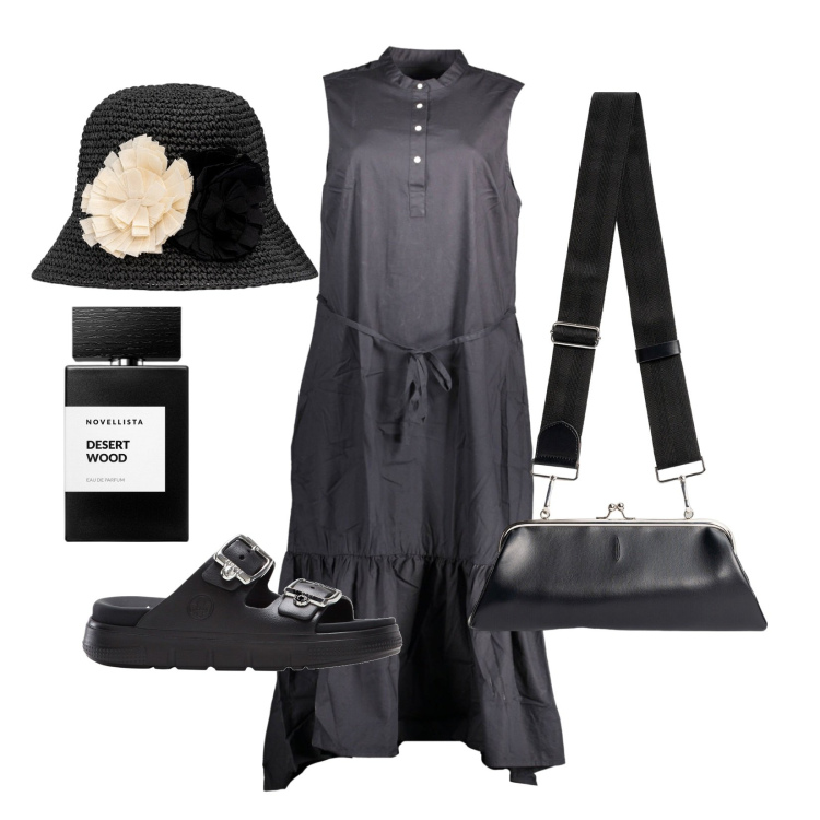 Outfit donna - Accessori particolari. Stile Trendy per Tutti i giorni. Abbinamento con ciabatte, profumi, vestiti lunghi, clutch, cappelli.