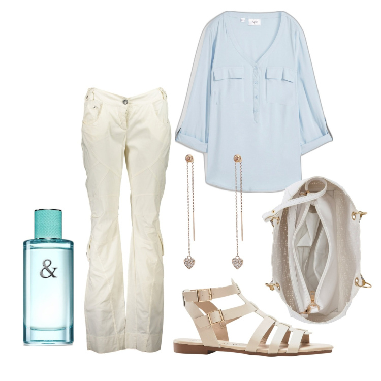 Outfit donna - Casual morbido. Stile Casual per Tutti i giorni. Abbinamento con sandali, borse a mano, bluse, profumi, orecchini, pantaloni.