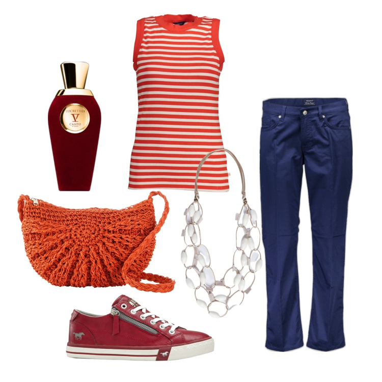 Outfit donna - W il rosso. Stile Casual per Tutti i giorni. Abbinamento con sneakers, borse a tracolla, profumi, pantaloni, collane, canottiere.